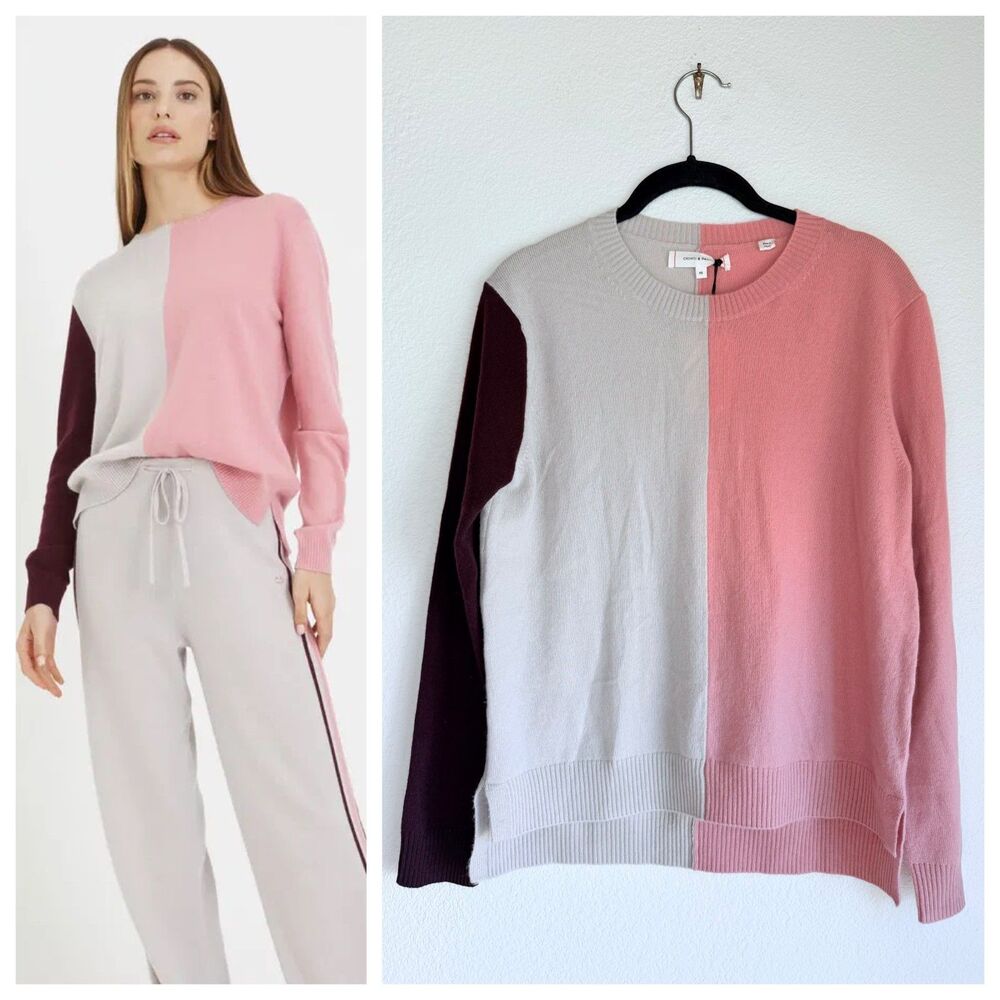 NWT Chinti & Parker Colorblock Wool-Cashmere Sweater in Rabbit, Pink, Burgundy